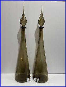 Vintage MCM Empoli Smoke Grey Genie Glass Paneled Bottle withStopper 26.5