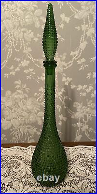 Vintage MCM Empoli Style Green Glass Hobnail Decanter Art Glass Bottle 21.25