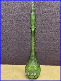 Vintage MCM Empoli green glass 22 inch genie decanter in square hobnail