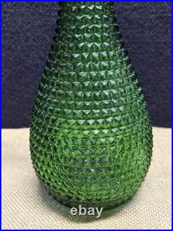 Vintage MCM Empoli green glass 22 inch genie decanter in square hobnail