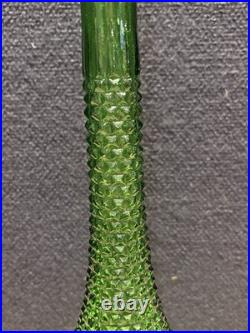 Vintage MCM Empoli green glass 22 inch genie decanter in square hobnail