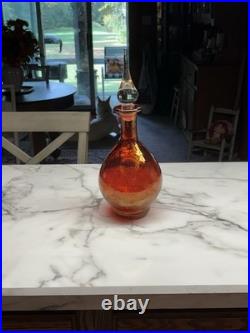Vintage MCM Erickson Crackle Glass Red Decanter With Crystal Stopper. 15 Tall