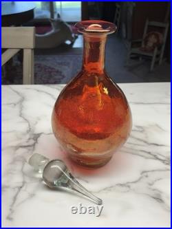 Vintage MCM Erickson Crackle Glass Red Decanter With Crystal Stopper. 15 Tall