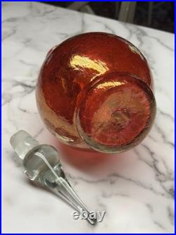 Vintage MCM Erickson Crackle Glass Red Decanter With Crystal Stopper. 15 Tall