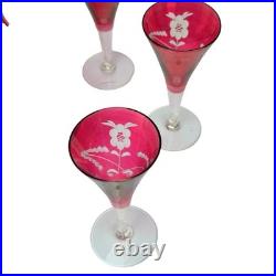 Vintage MCM Floral Etched Cranberry Pink Glass Cordial Set Decanter 6 Glass Set Vintage MCM Floral Etched Cranberry Pink Glass Cordial Set Decanter 6 Glass Set