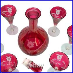 Vintage MCM Floral Etched Cranberry Pink Glass Cordial Set Decanter 6 Glass Set Vintage MCM Floral Etched Cranberry Pink Glass Cordial Set Decanter 6 Glass Set