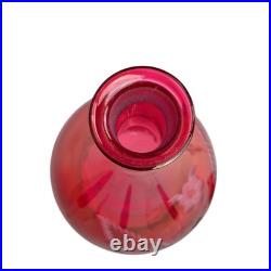 Vintage MCM Floral Etched Cranberry Pink Glass Cordial Set Decanter 6 Glass Set