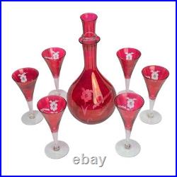Vintage MCM Floral Etched Cranberry Pink Glass Cordial Set Decanter 6 Glass Set