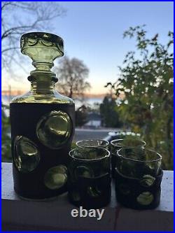 Vintage MCM Green Bubble Leather Wrapped Empoli Glass Decanter & 4 Glasses