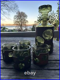 Vintage MCM Green Bubble Leather Wrapped Empoli Glass Decanter & 4 Glasses