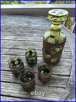 Vintage MCM Green Bubble Leather Wrapped Empoli Glass Decanter & 4 Glasses