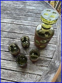 Vintage MCM Green Bubble Leather Wrapped Empoli Glass Decanter & 4 Glasses