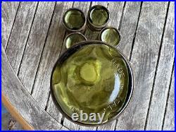 Vintage MCM Green Bubble Leather Wrapped Empoli Glass Decanter & 4 Glasses
