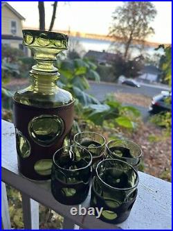 Vintage MCM Green Bubble Leather Wrapped Empoli Glass Decanter & 4 Glasses