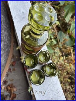Vintage MCM Green Bubble Leather Wrapped Empoli Glass Decanter & 4 Glasses
