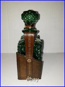 Vintage MCM Italian Green Diamond Cut Decanter Set with Leather Caddy Holder
