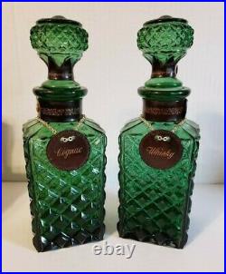 Vintage MCM Italian Green Diamond Cut Decanter Set with Leather Caddy Holder