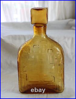 Vintage MCM Italy Empoli Amber Geometric Glass Decanter Square Stopper Embossed