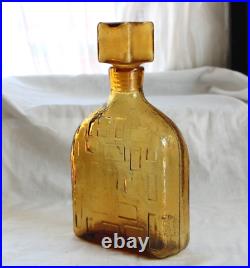 Vintage MCM Italy Empoli Amber Geometric Glass Decanter Square Stopper Embossed