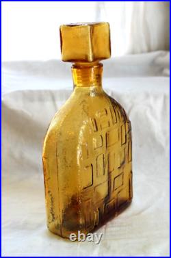 Vintage MCM Italy Empoli Amber Geometric Glass Decanter Square Stopper Embossed