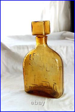 Vintage MCM Italy Empoli Amber Geometric Glass Decanter Square Stopper Embossed