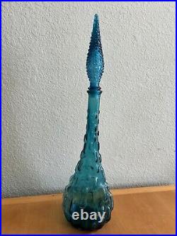 Vintage MCM Italy Empoli Aqua Glass Decanter Bottle Bamboo Drip Design 22.5