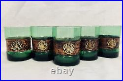 Vintage MCM Italy Green Glass, Leather Decanter Set With Medallion (5) Glasses