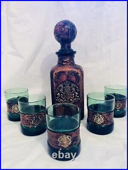 Vintage MCM Italy Green Glass, Leather Decanter Set With Medallion (5) Glasses