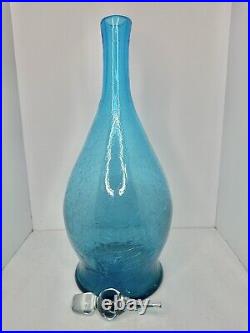 Vintage MCM Massive Bischoff Glass 23.5 8420 Blue Crackle Decanter Withstopper