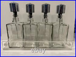 Vintage MCM Pump Liquor Dispenser Glass Decanter Set Lucite Tray 4 bottles