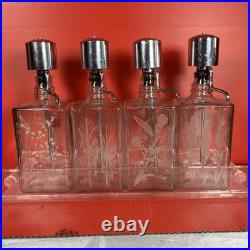 Vintage MCM Pump Liquor Dispenser Glass Decanter Set Lucite Tray 4 bottles