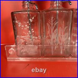 Vintage MCM Pump Liquor Dispenser Glass Decanter Set Lucite Tray 4 bottles