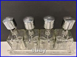 Vintage MCM Pump Liquor Dispenser Glass Decanter Set Lucite Tray 4 bottles