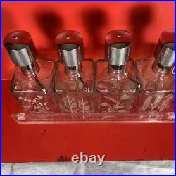 Vintage MCM Pump Liquor Dispenser Glass Decanter Set Lucite Tray 4 bottles