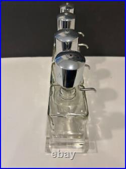 Vintage MCM Pump Liquor Dispenser Glass Decanter Set Lucite Tray 4 bottles