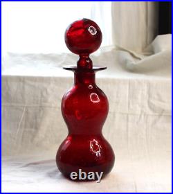 Vintage MCM RAINBOW ART CRACKLE GLASS Ruby Red Gurgle Decanter ball stopper 10