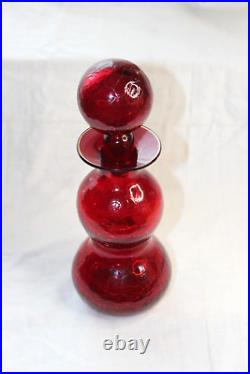 Vintage MCM RAINBOW ART CRACKLE GLASS Ruby Red Gurgle Decanter ball stopper 10