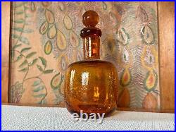 Vintage MCM Rainbow Crackle Art Glass Decanter with Ball Stopper Orange/Amber