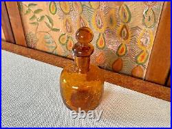 Vintage MCM Rainbow Crackle Art Glass Decanter with Ball Stopper Orange/Amber