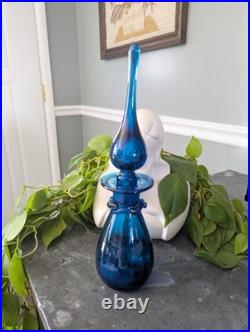 Vintage MCM Rainbow Style 11 Blue Glass Decanter With Flame Stopper Ruffled Rim