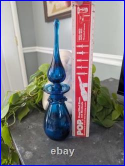 Vintage MCM Rainbow Style 11 Blue Glass Decanter With Flame Stopper Ruffled Rim