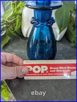 Vintage MCM Rainbow Style 11 Blue Glass Decanter With Flame Stopper Ruffled Rim