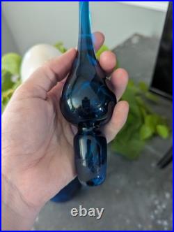 Vintage MCM Rainbow Style 11 Blue Glass Decanter With Flame Stopper Ruffled Rim