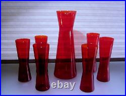 Vintage MCM Scandinavian Red Glass Decanter Glasses Set Kaj Franck