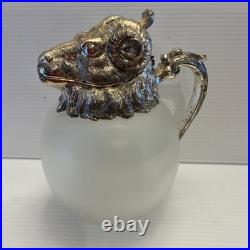 Vintage MCM Silverplate Rams Head Frosted Glass Decanter Pitcher Aries