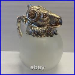 Vintage MCM Silverplate Rams Head Frosted Glass Decanter Pitcher Aries