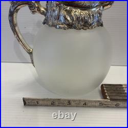 Vintage MCM Silverplate Rams Head Frosted Glass Decanter Pitcher Aries