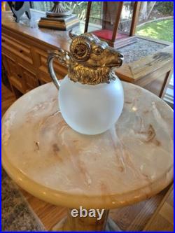 Vintage MCM Silverplate Rams Head Frosted Glass Decanter Pitcher Aries GREAT