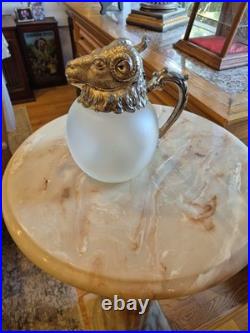Vintage MCM Silverplate Rams Head Frosted Glass Decanter Pitcher Aries GREAT