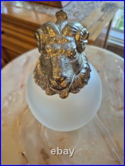 Vintage MCM Silverplate Rams Head Frosted Glass Decanter Pitcher Aries GREAT